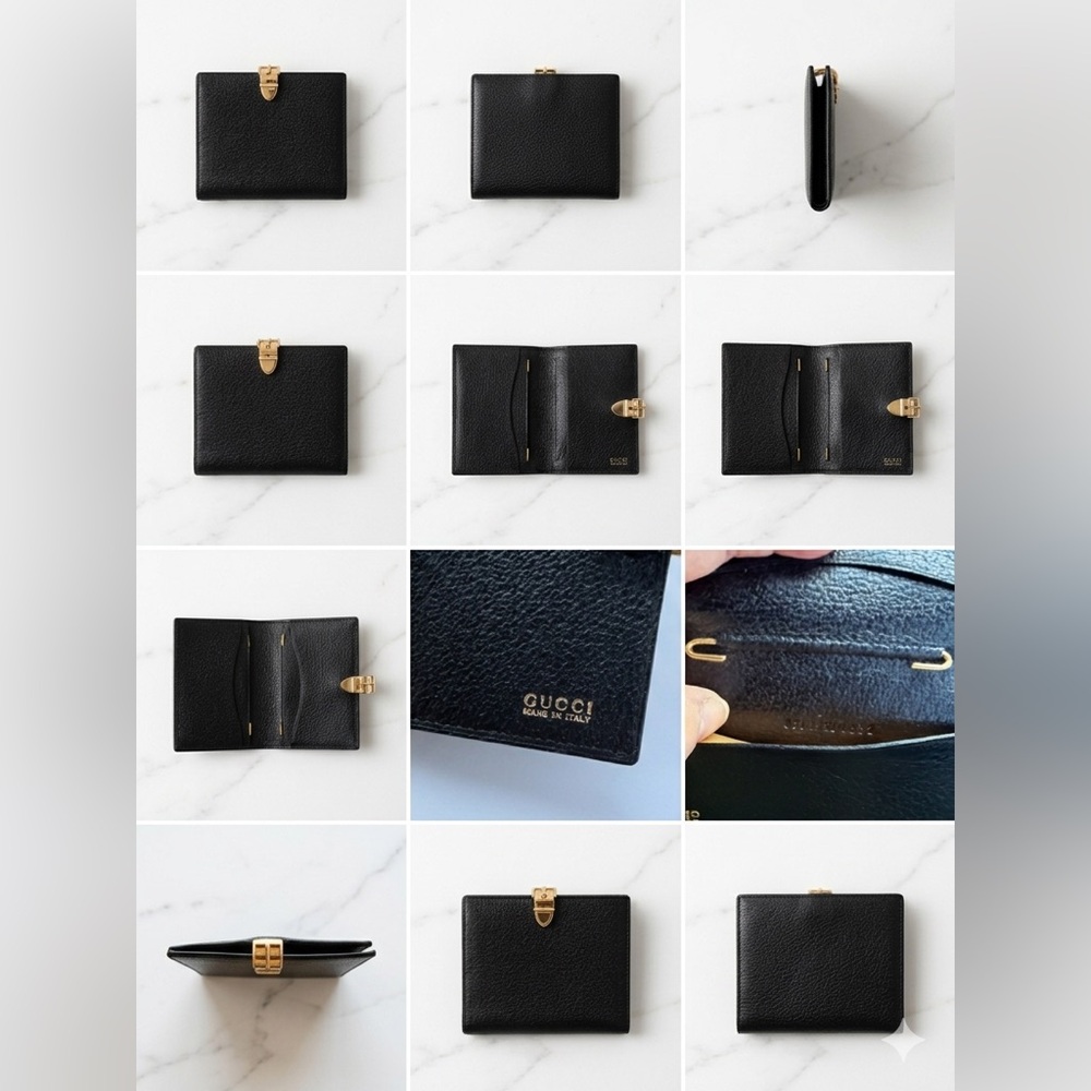 Vintage Gucci Black Pebbled Leather Bifold Wallet - Gold Jackie Buckle - Picture 2 of 9